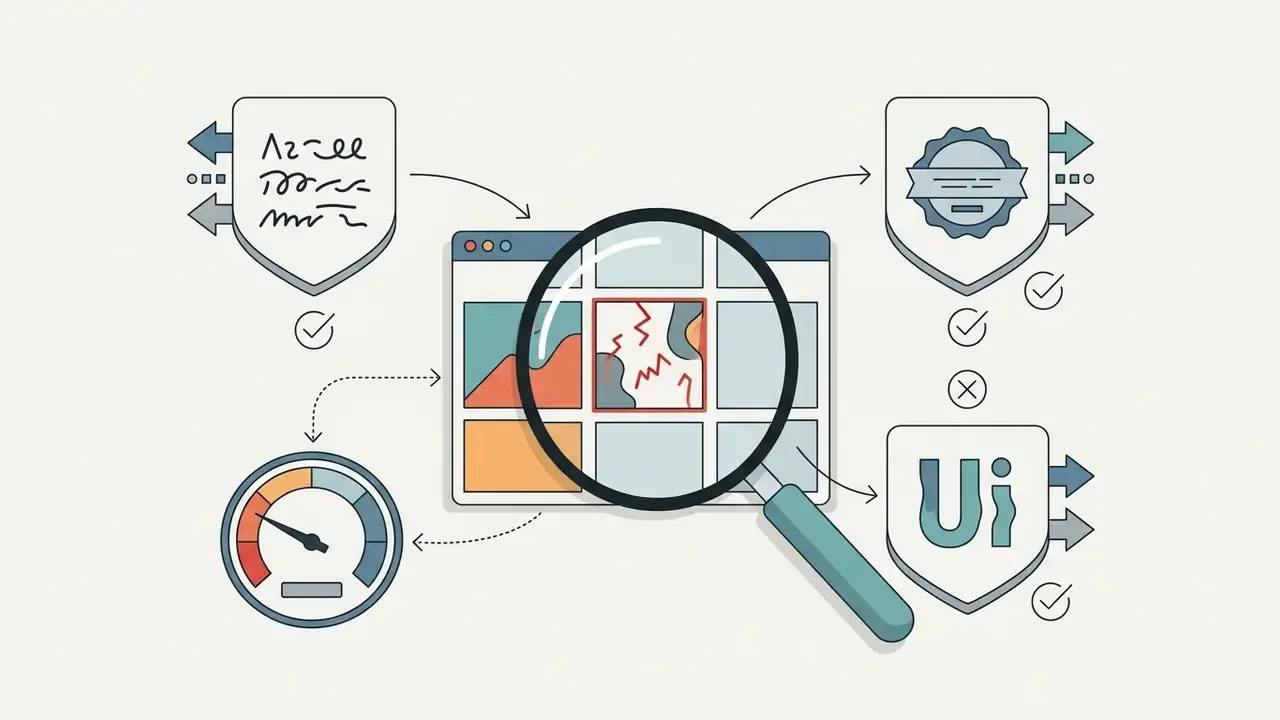 Lens inspecting a grid of images linked to shield icons with performance gauges and checkmark symbols