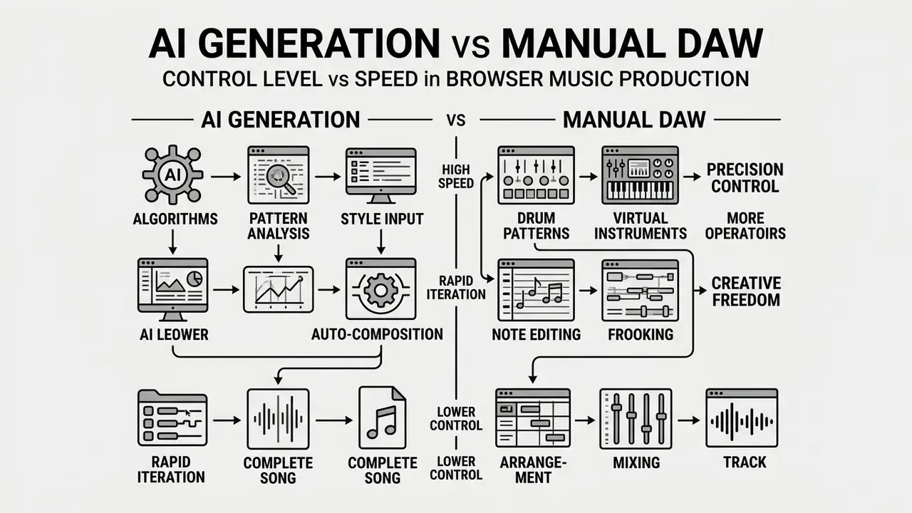 Comparison chart contrasting AI generation workflows with manual DAW music production processes