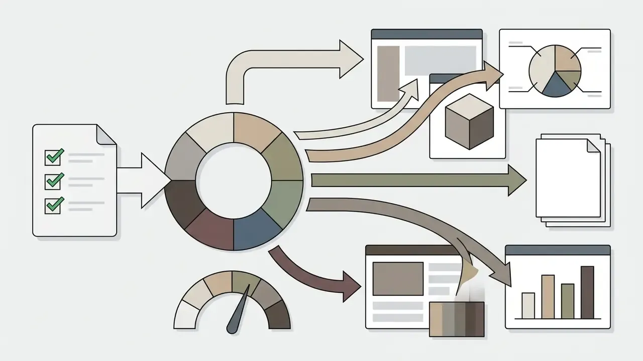 Checklist feeding into a color wheel that branches out to various charts and design elements