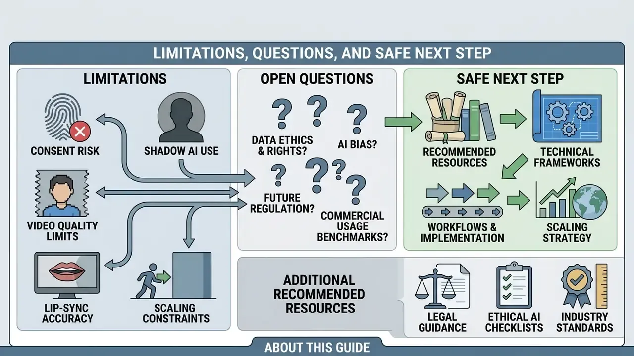Summary of technical challenges, ethical questions, and implementation steps for synthetic media projects