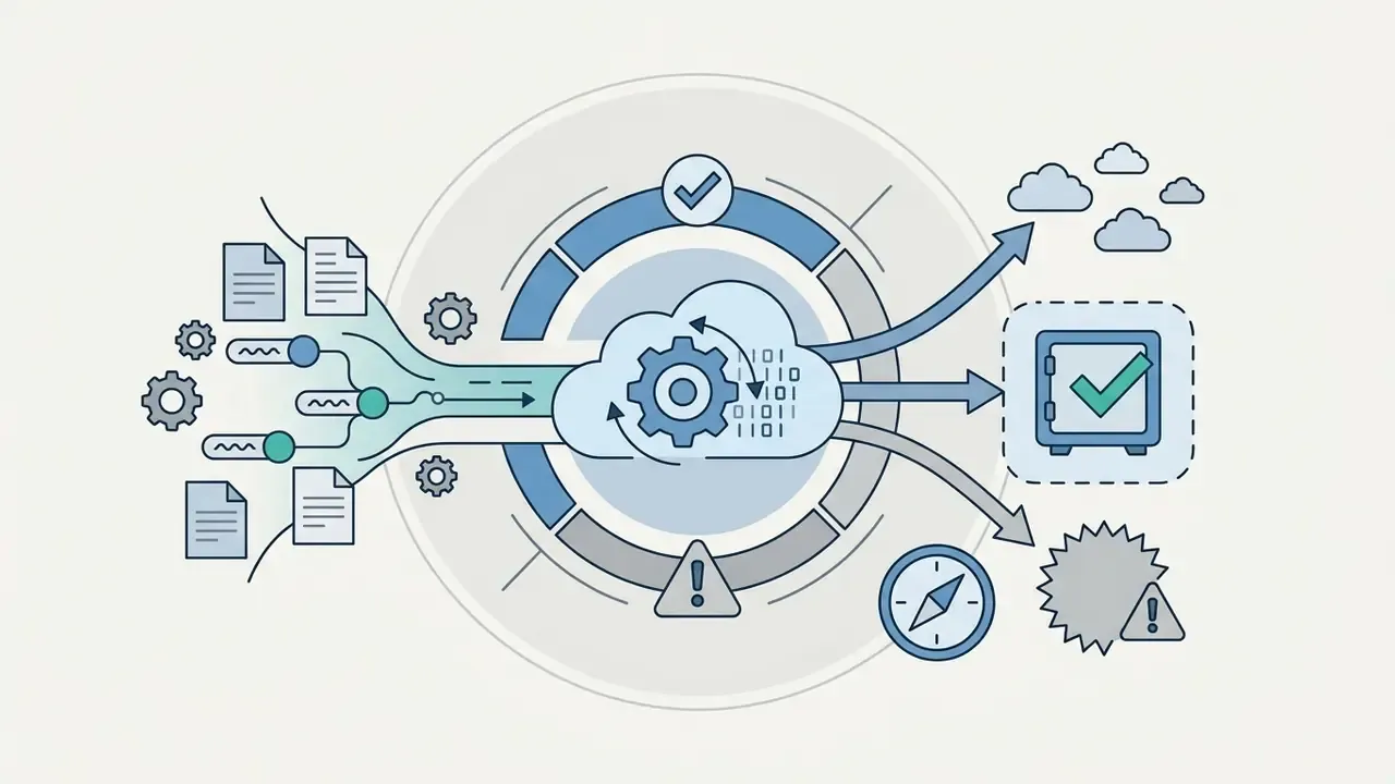 Document inputs routed through a cloud processing hub toward storage, cloud, and geographic indicators