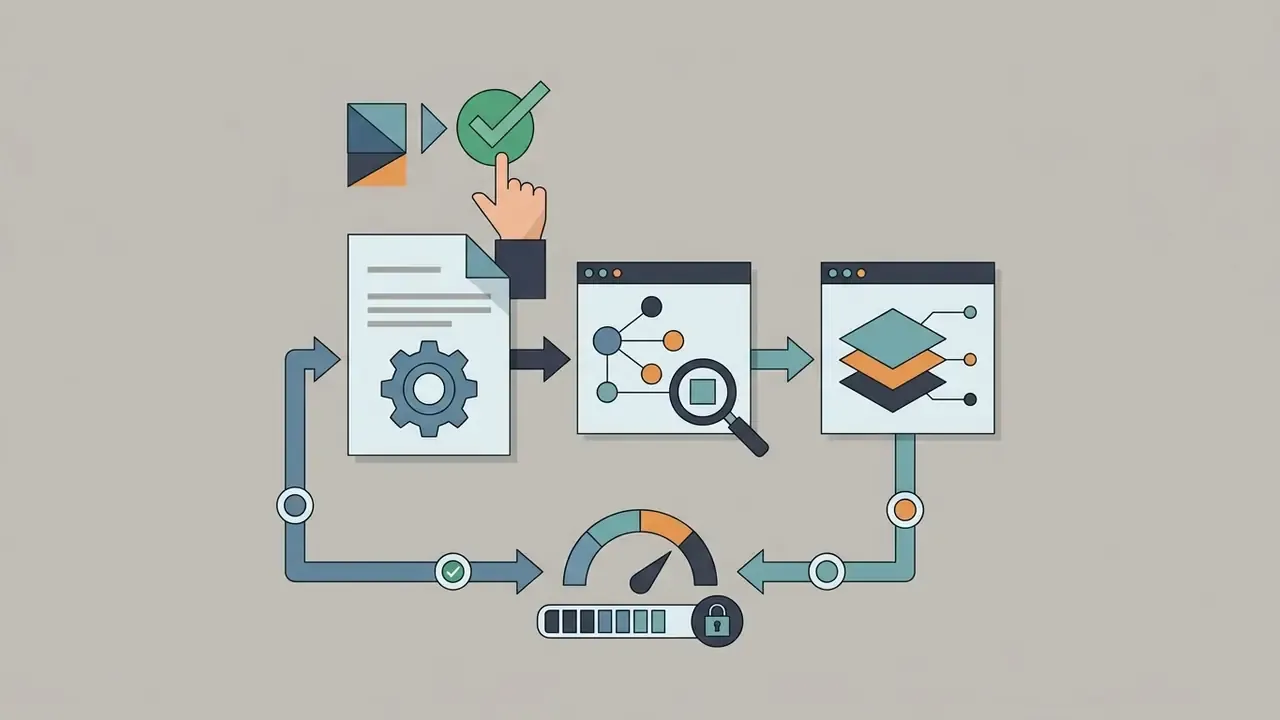 Hand selecting a checkmark above a document and digital interface icons linked by a circular process path