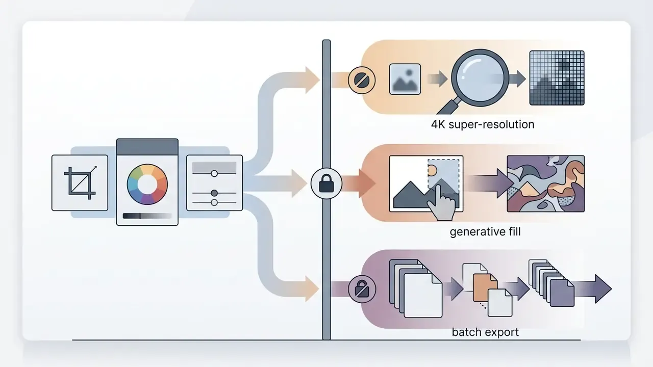 Workflow showing basic image editing tools leading to restricted premium features like 4K upscaling