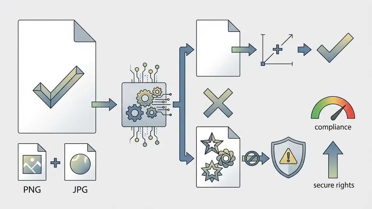Process showing PNG or JPG file inputs being converted by an AI logo generator into compliant assets