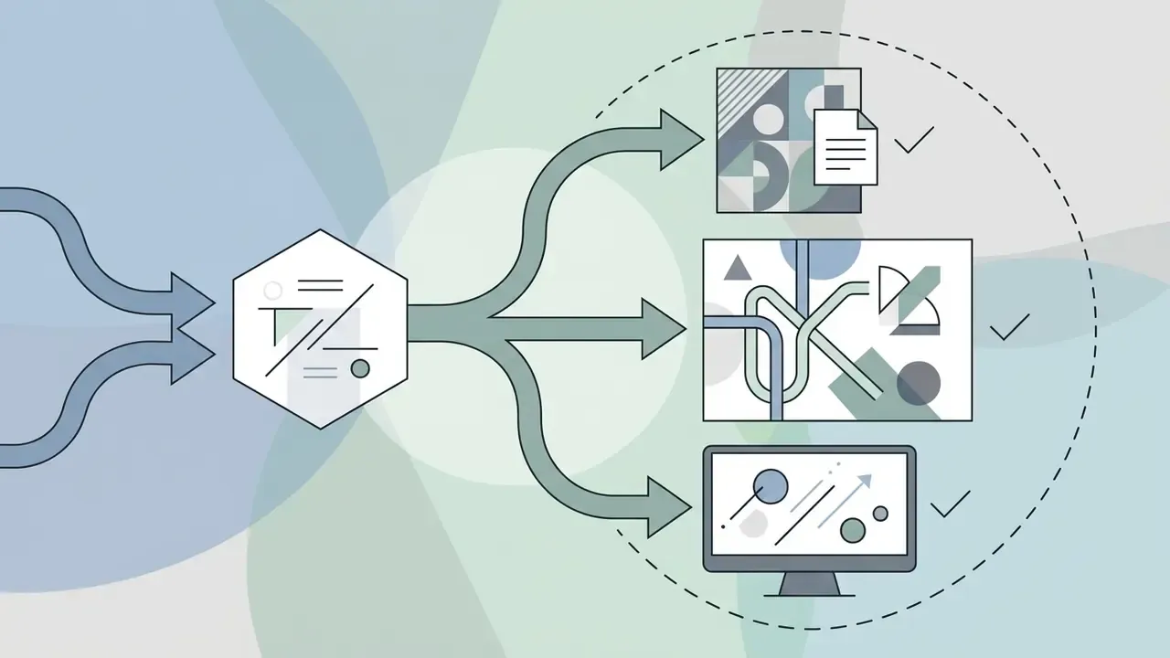 Central hexagon hub distributing creative assets into graphic design, visual identity, and animation outputs