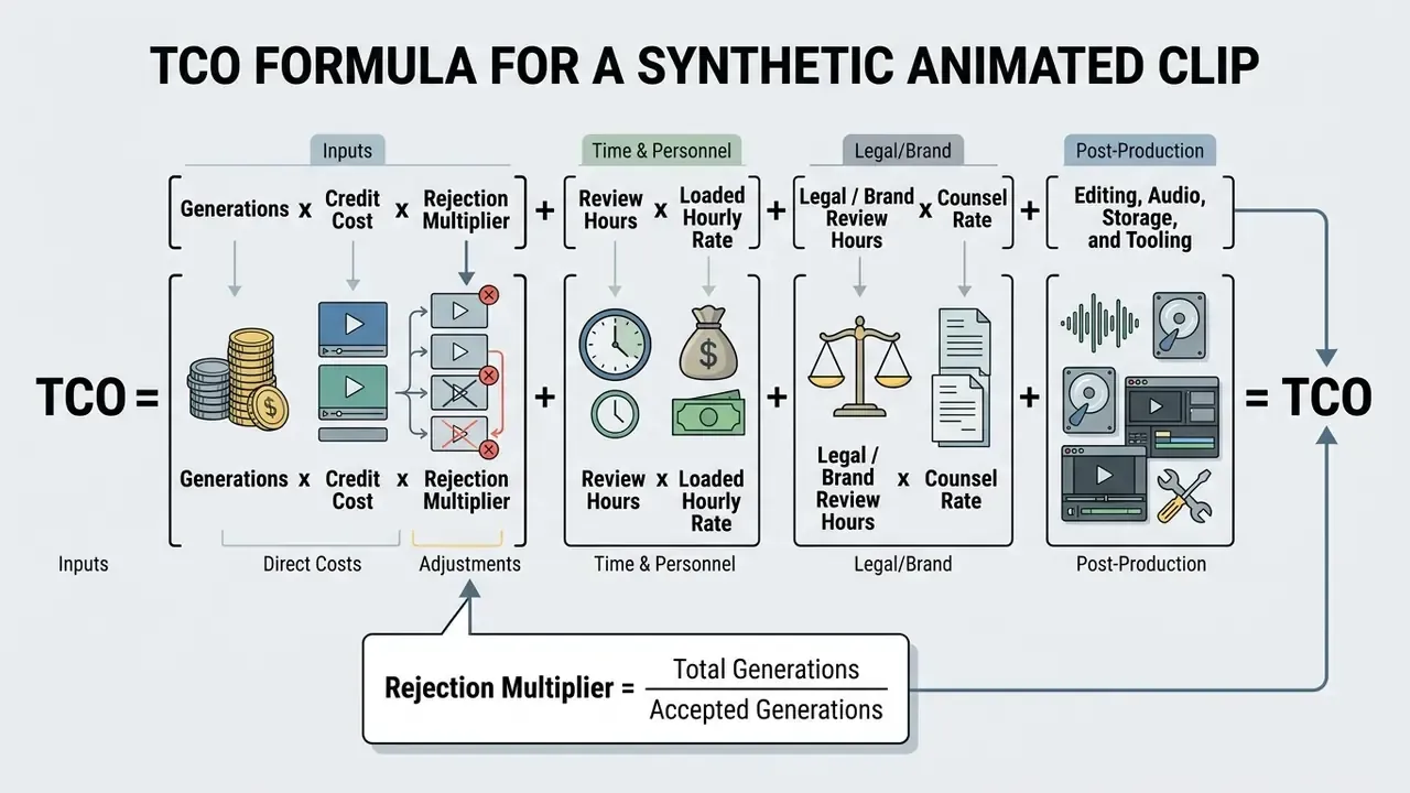Mathematical formula breaking down the total cost of ownership for synthetic animated clips into four categories