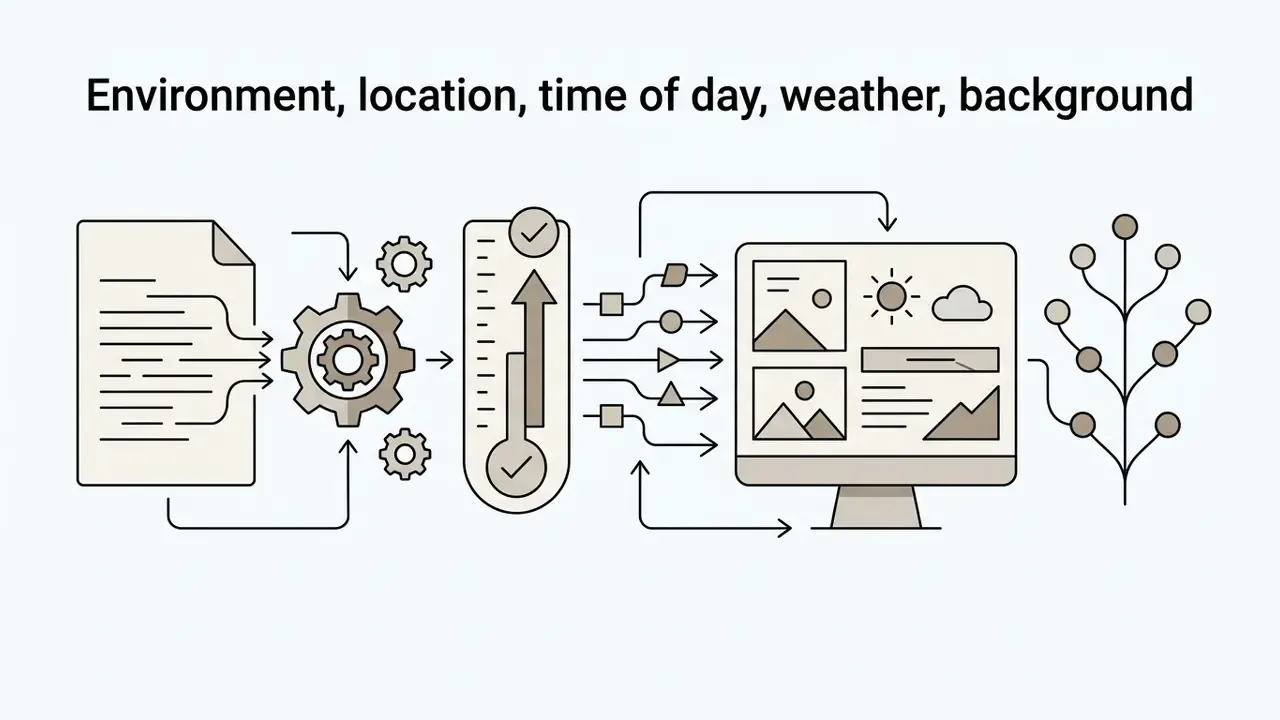 Document text flowing through gears and a gauge into a computer monitor displaying scenic landscape imagery