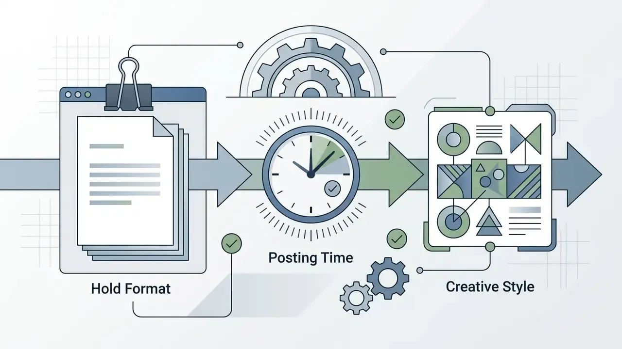Clipboard, clock, and abstract design elements connected by arrows to represent a standardized workflow