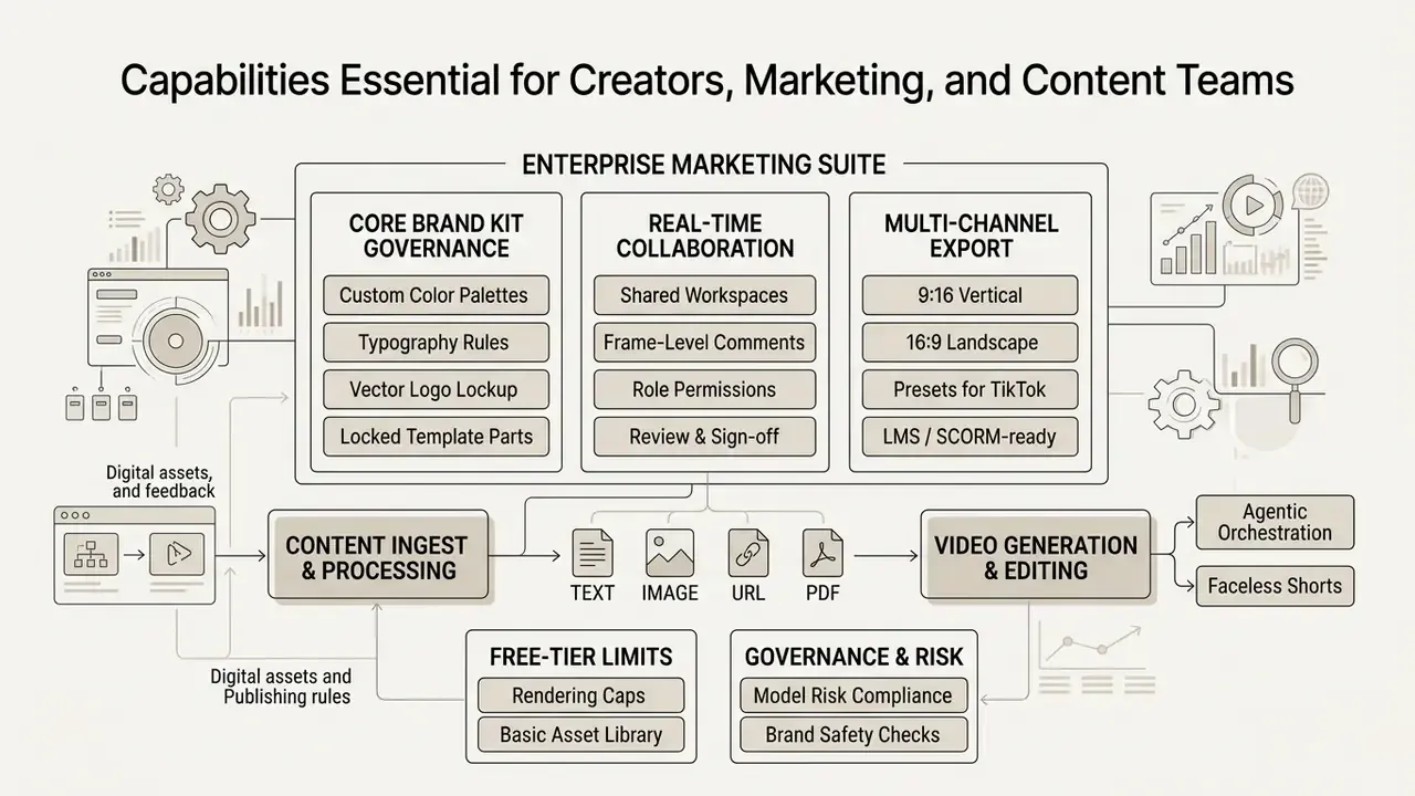 System architecture showing core marketing suite features including brand governance and content workflows