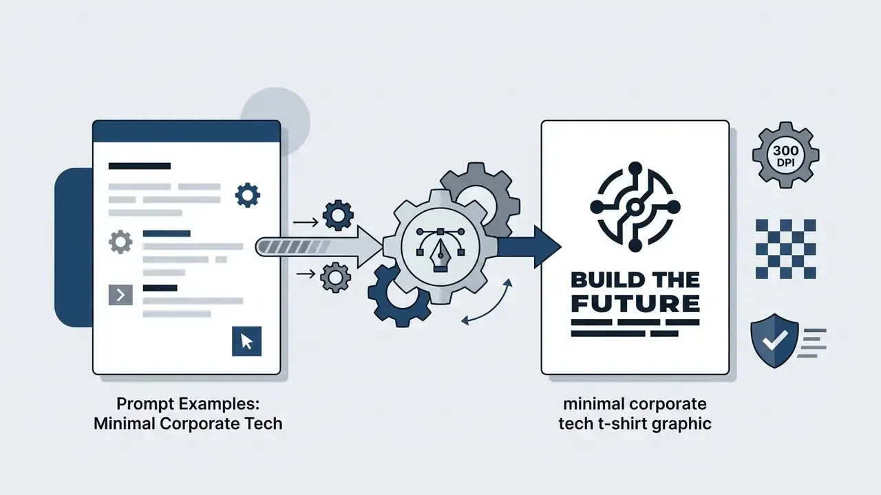 Text prompt being processed through gears into a corporate logo graphic with resolution and format icons
