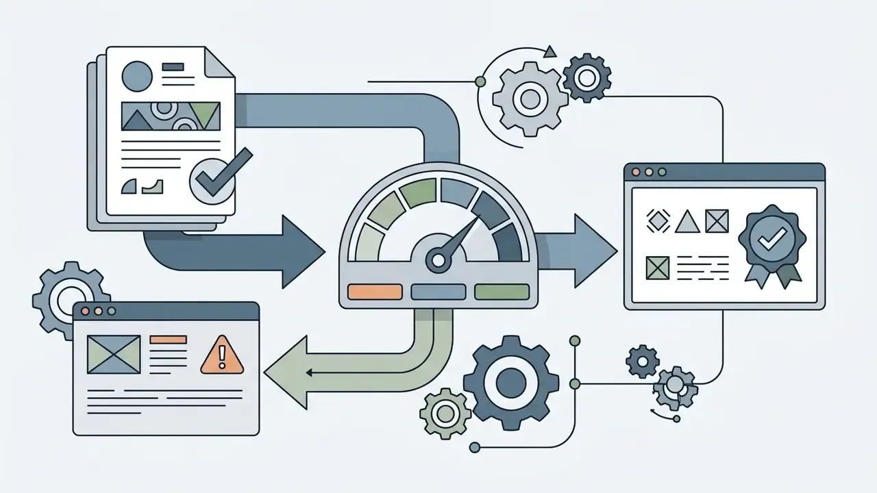 Documents with checkmarks and warning signs flowing through a gauge and gears to reach a certified status