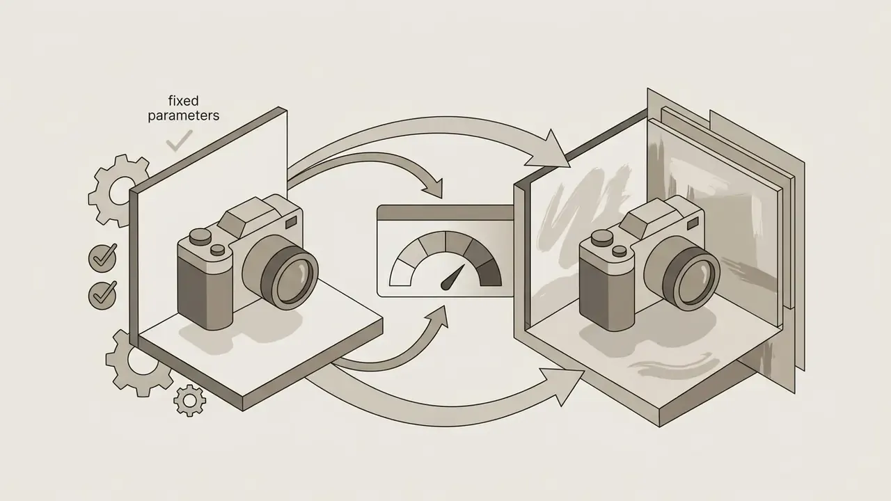 Camera subject remaining in a fixed position while the background changes during AI art generation