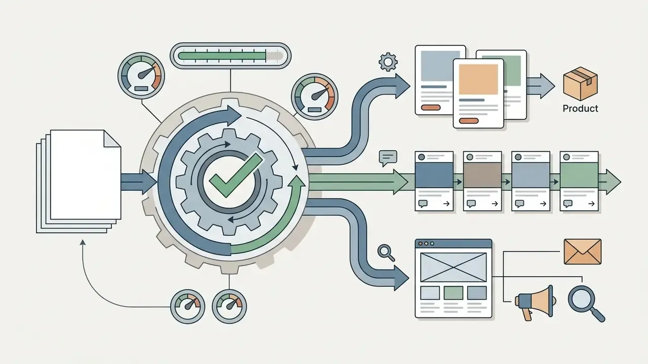 Central gear mechanism processing documents into product descriptions, social media posts, and web content