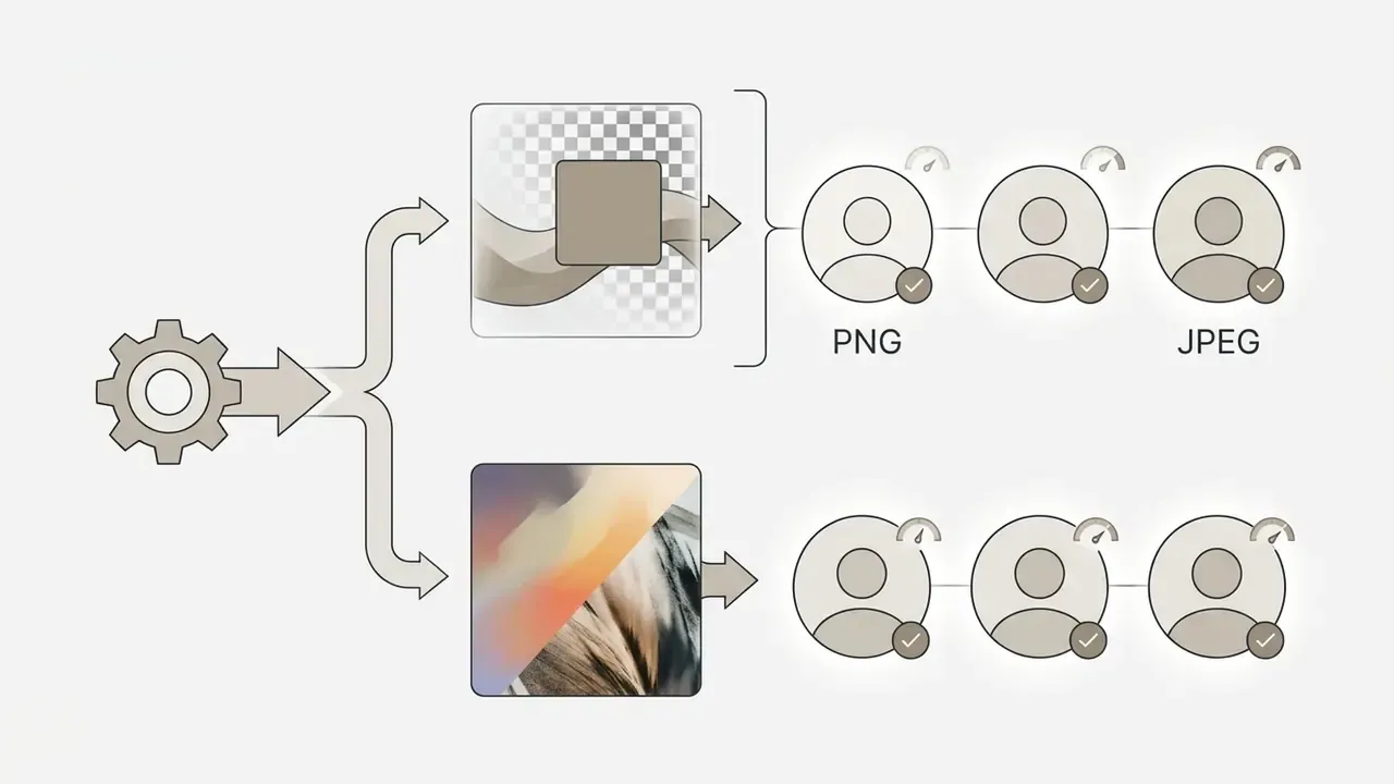 Gear icon processing image files into PNG and JPEG formats for social media profile use