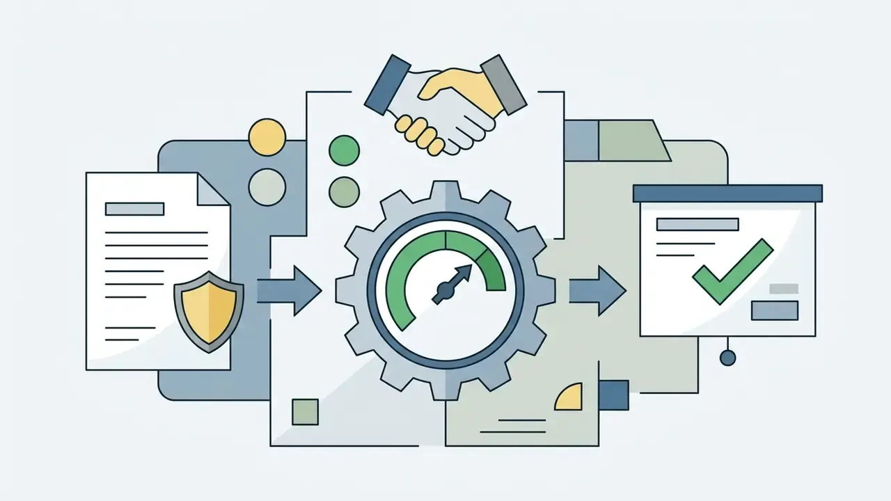 Document with a shield icon feeding into a gear with a gauge that outputs a slide with a green checkmark
