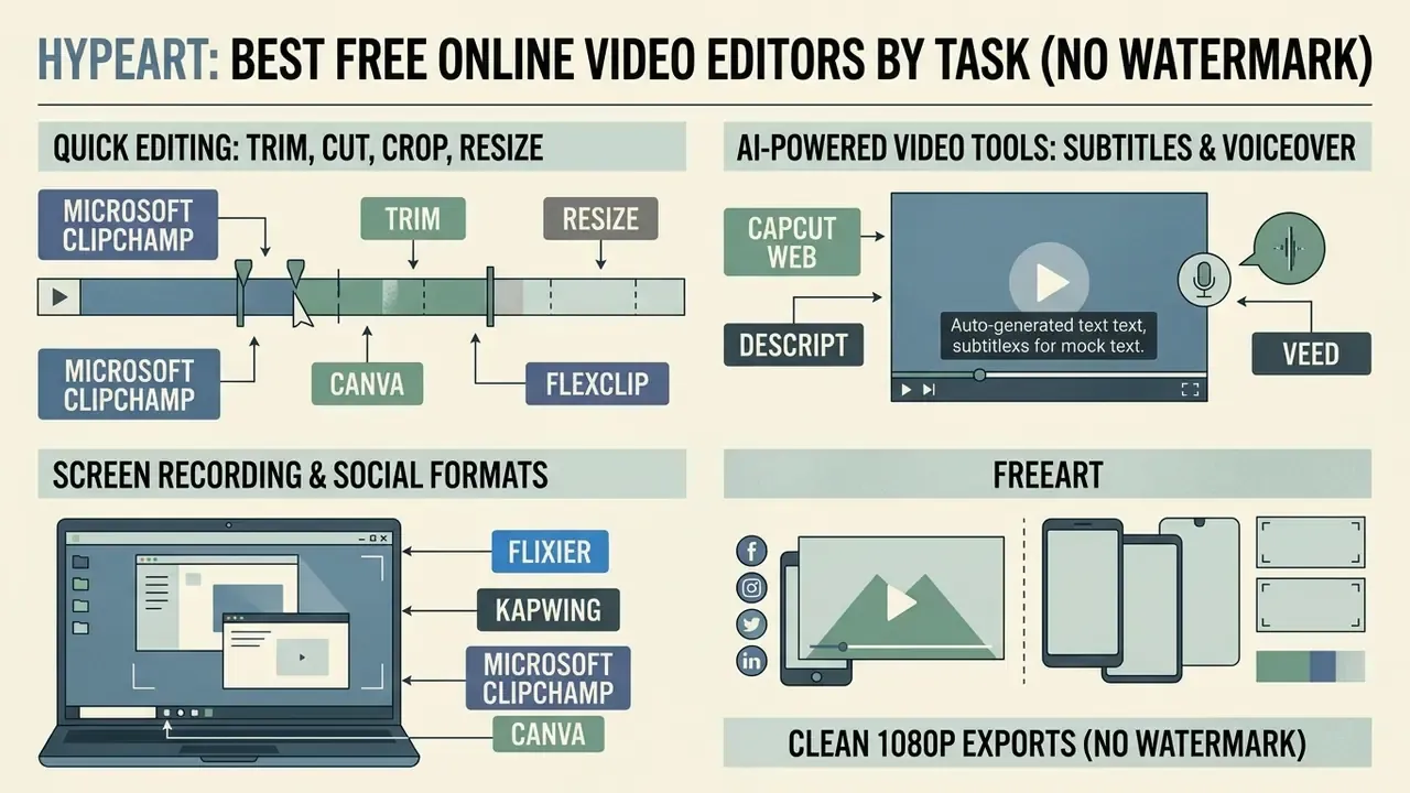Categorized list of free online video editor no watermark tools sorted by specific editing tasks