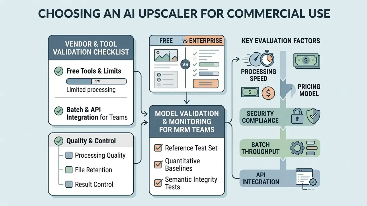 Comparison of tool validation checklists, model monitoring steps, and key enterprise evaluation factors