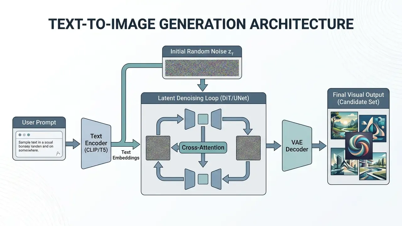 Technical diagram showing the step-by-step process of an AI visual generator transforming text to images