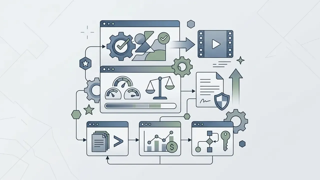 Software windows with gears and scales connecting to legal documents and financial analytics icons