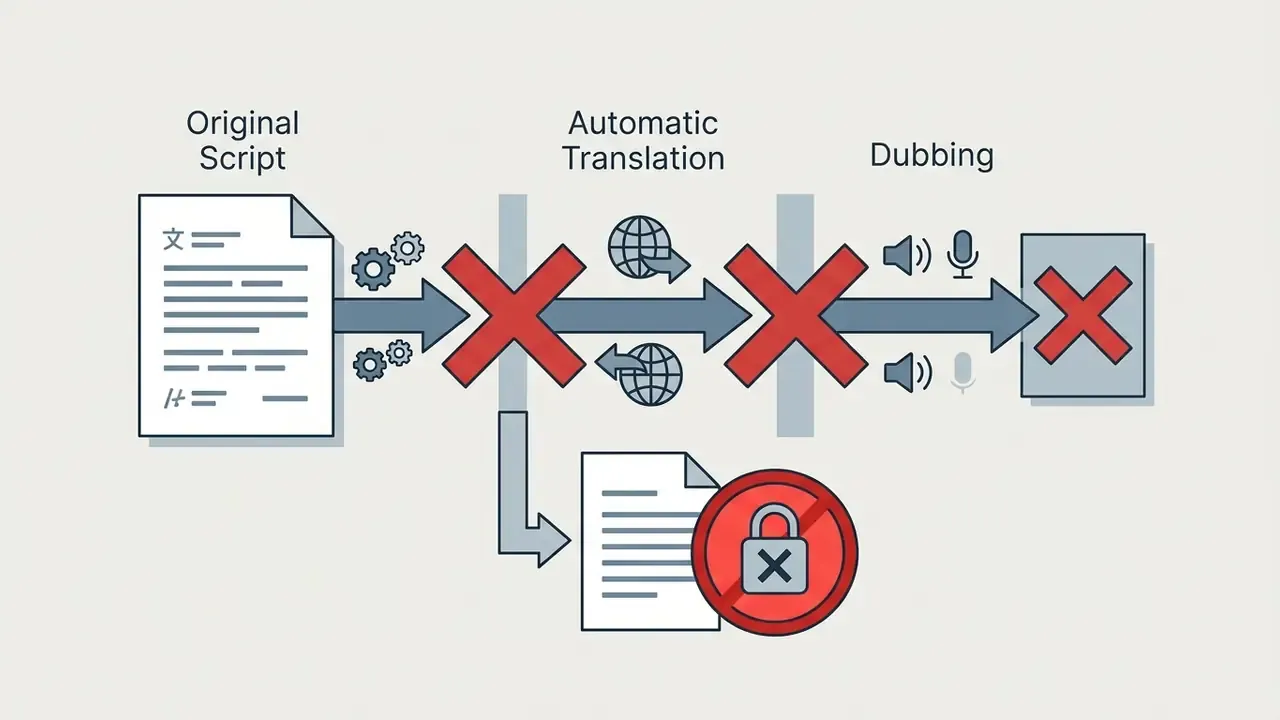 Script moving through blocked stages of automatic translation and dubbing marked with red crosses