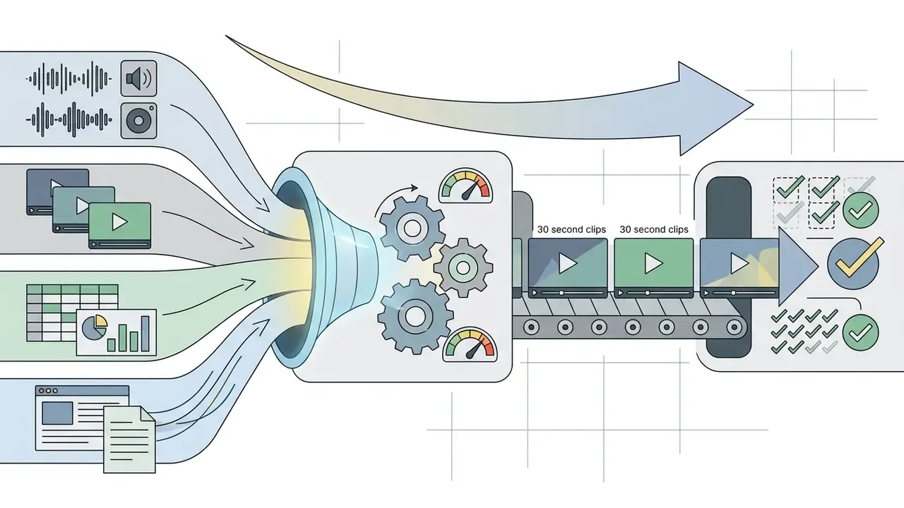 Audio, video, data, and web inputs funneling into a gear processor to create thirty second video clips