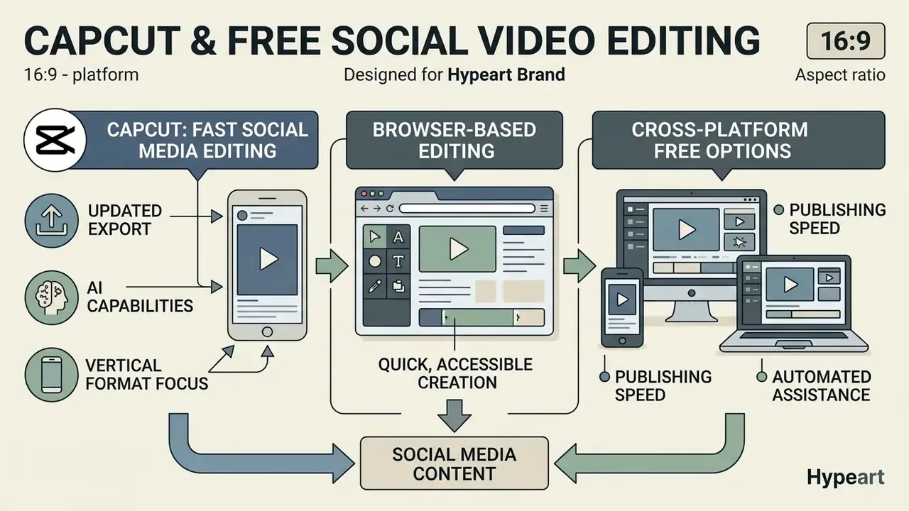 Diagram comparing CapCut, browser-based tools, and cross-platform free video editing software for Mac