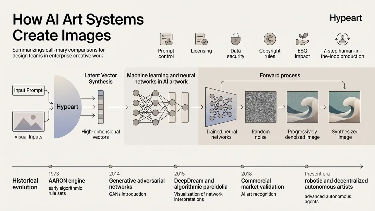 Timeline and technical process diagram showing how AI art systems transform inputs into synthesized images