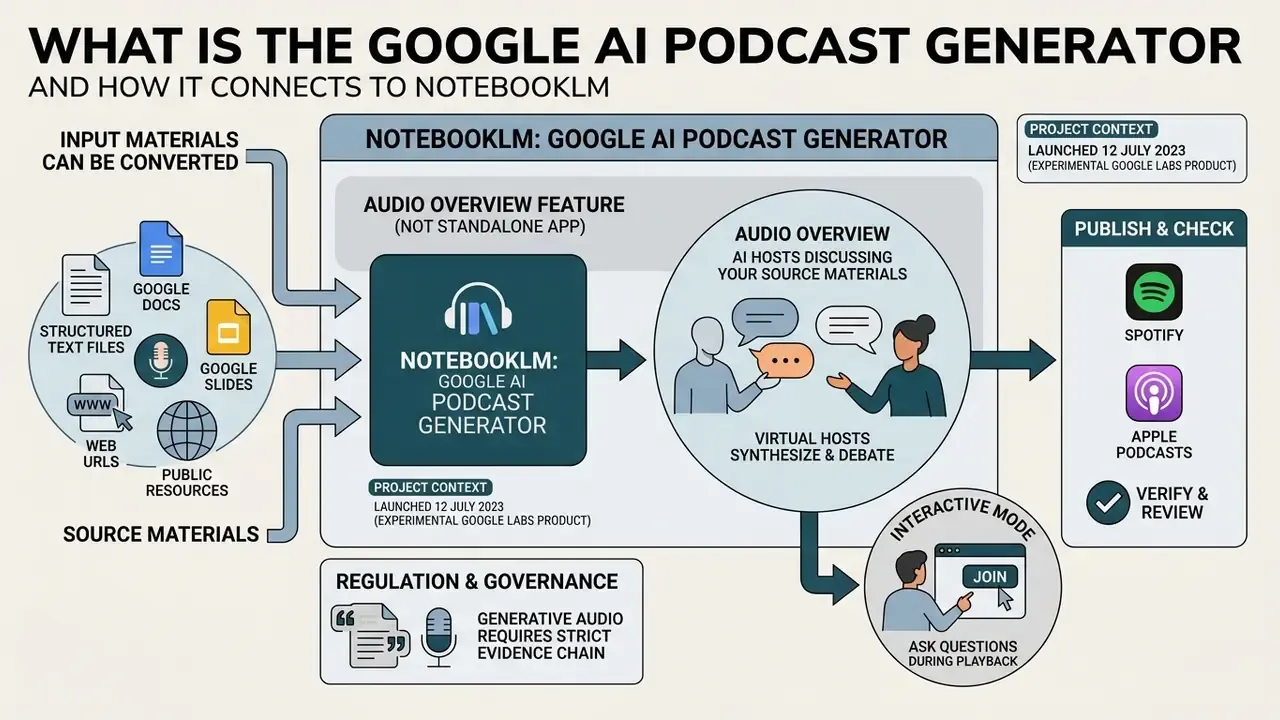Diagram illustrating how NotebookLM converts various source materials into AI-hosted audio overviews