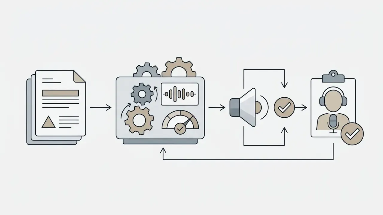 Sequence showing text documents being processed by mechanical gears into audio and a vocal performance