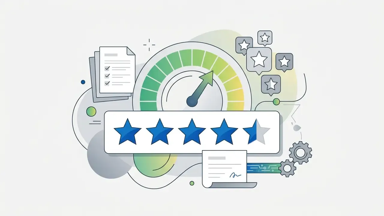 Documents and star ratings feeding into a gauge that displays a high satisfaction score for AI tools