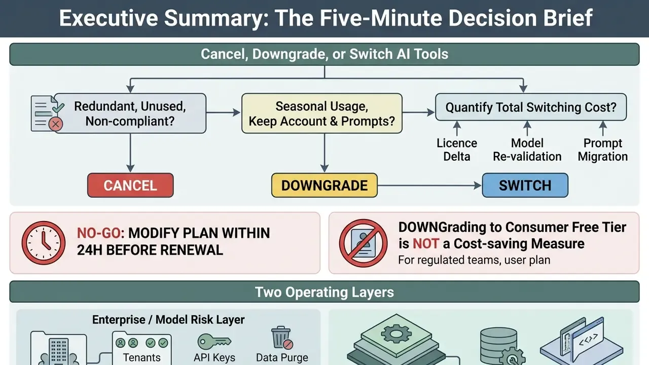 Flowchart showing the decision process to cancel, downgrade, or switch AI tools based on usage criteria