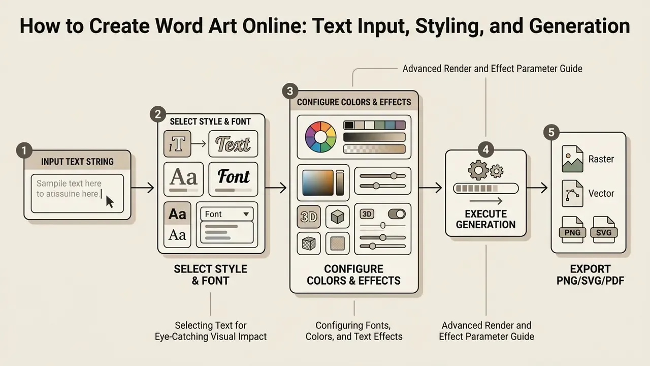 Five step workflow diagram for creating word art from text input to final file export