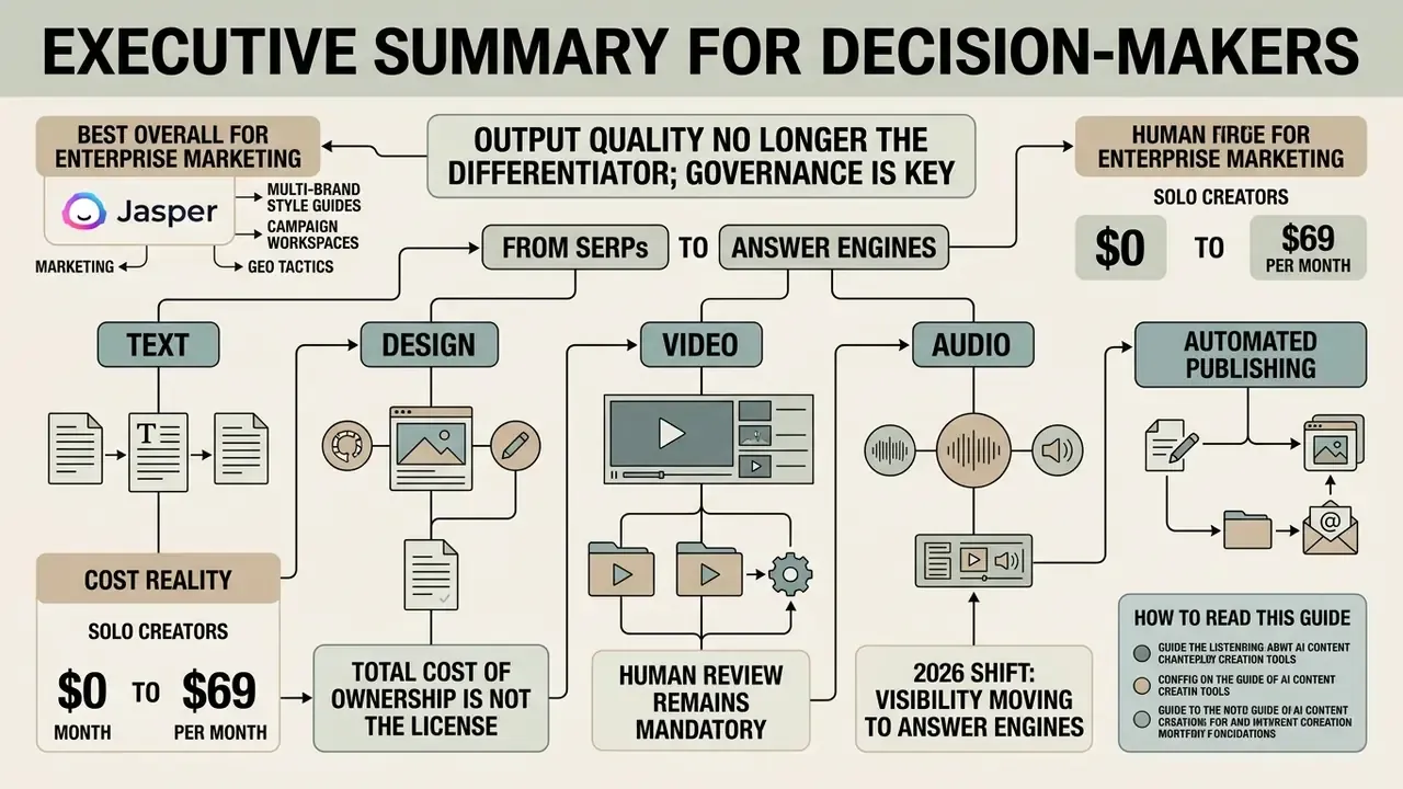 Infographic mapping AI content creation workflows across text, design, video, audio, and automated publishing