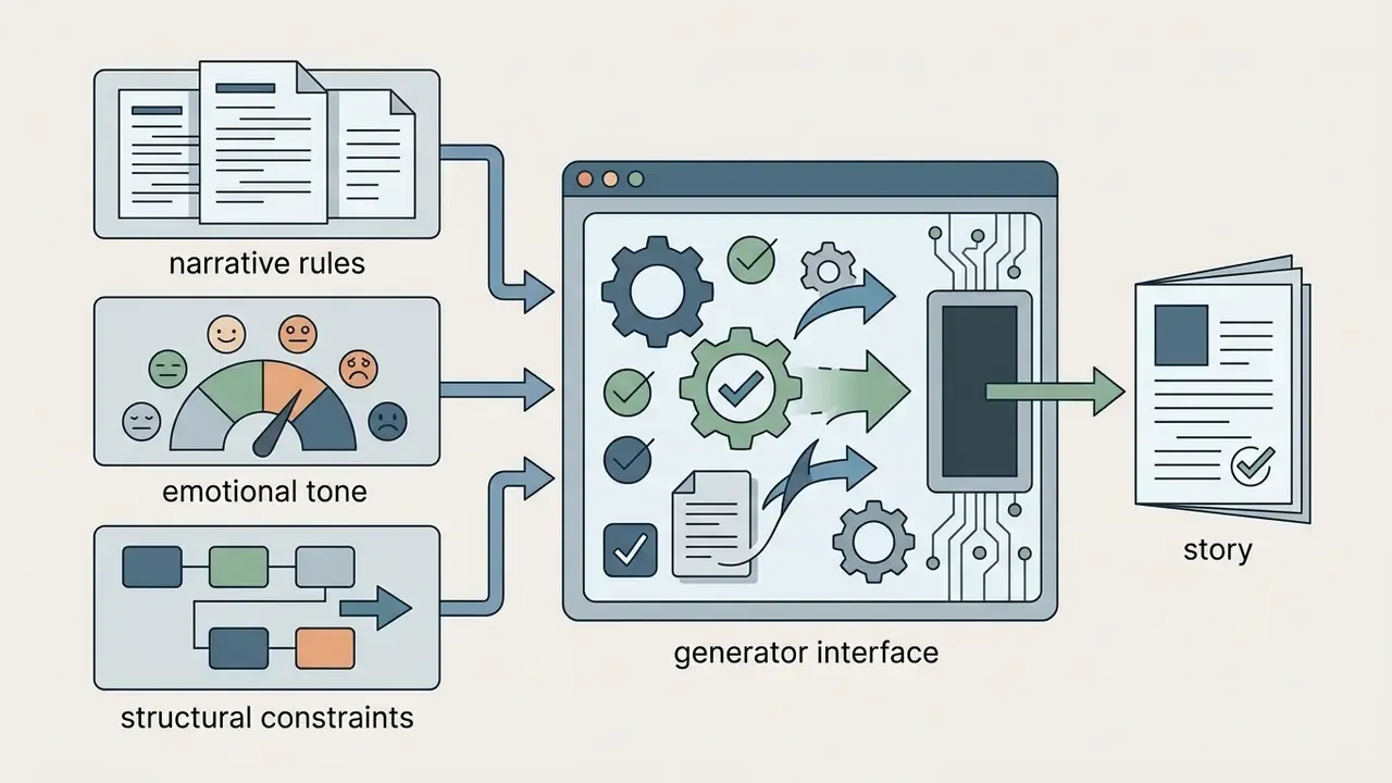 Narrative rules, emotional tone, and structural constraints flowing into a digital generator interface