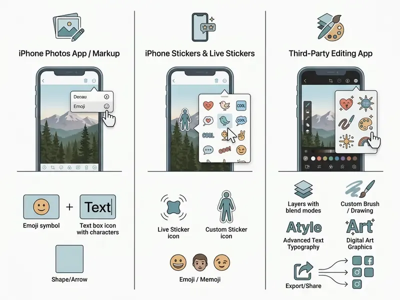 Comparison chart showing sticker features in iPhone Photos, built-in stickers, and third-party apps