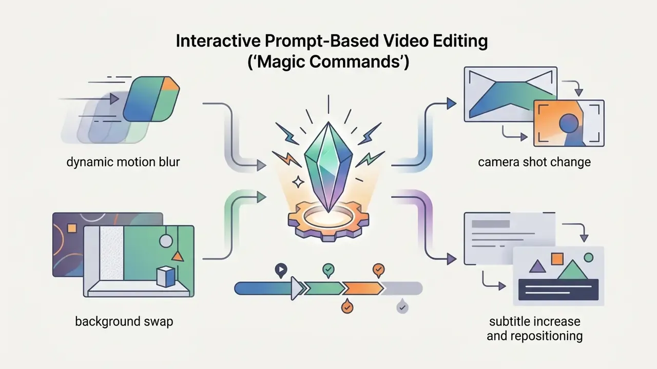 Central crystal and gear icon connecting video editing prompts to visual changes like motion and layout