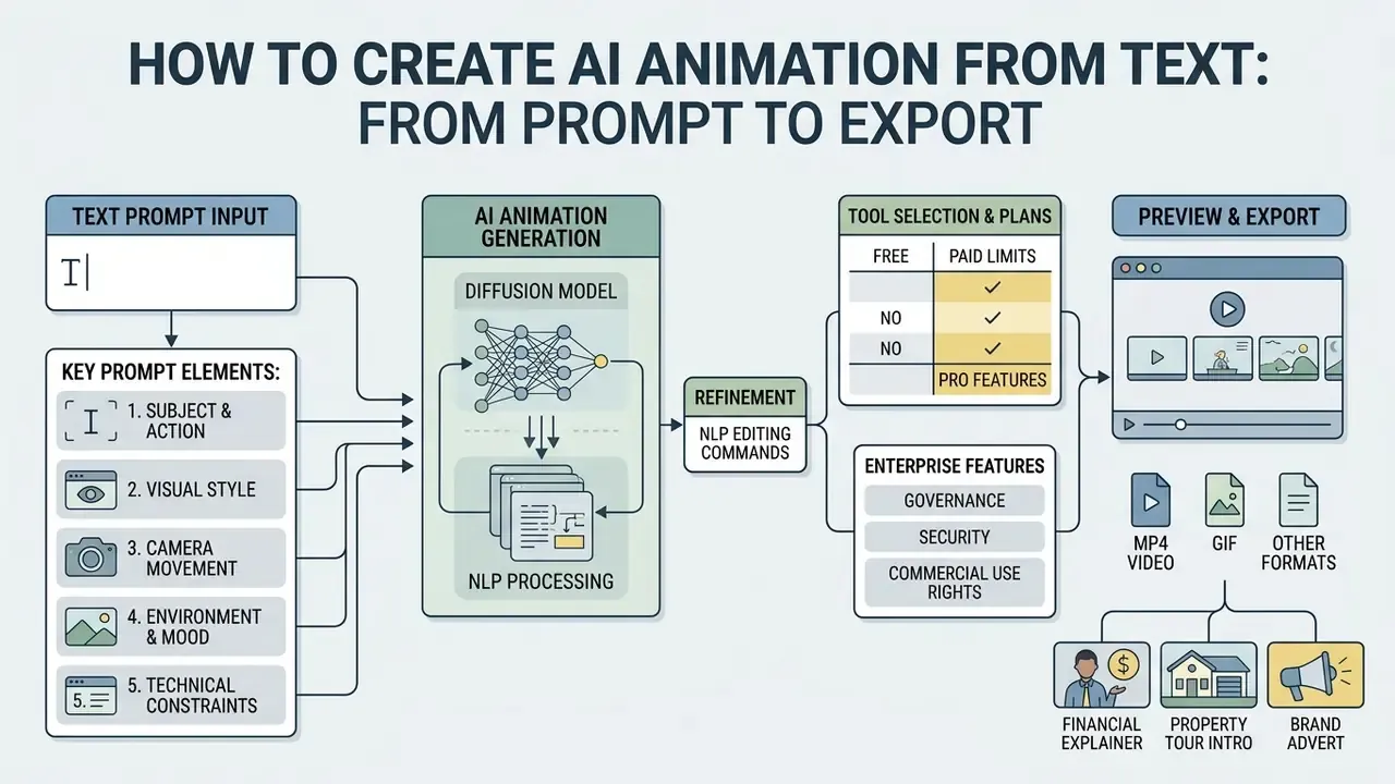 Flowchart detailing the steps from writing a text prompt to exporting final AI animation projects