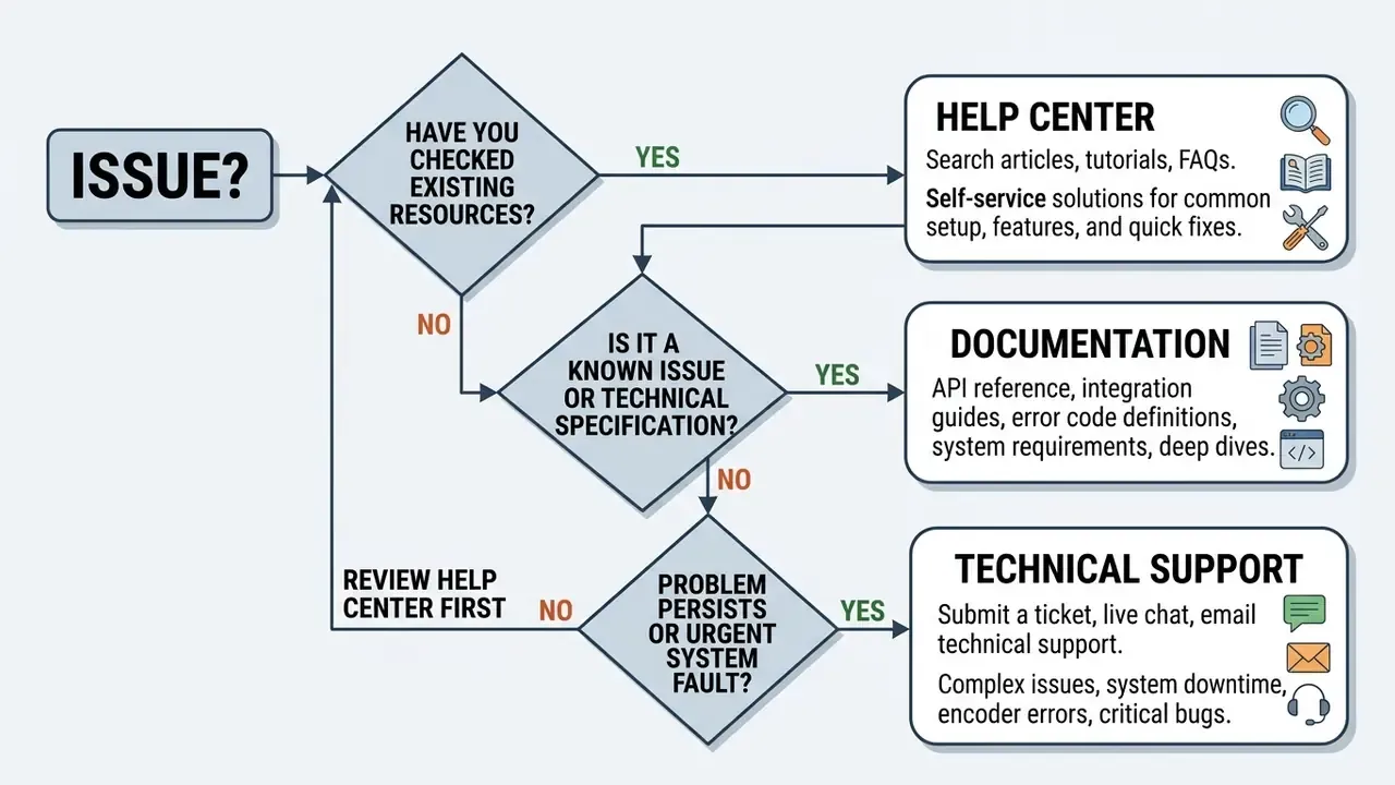 Decision tree guiding users to Help Center, documentation, or technical support based on issue type