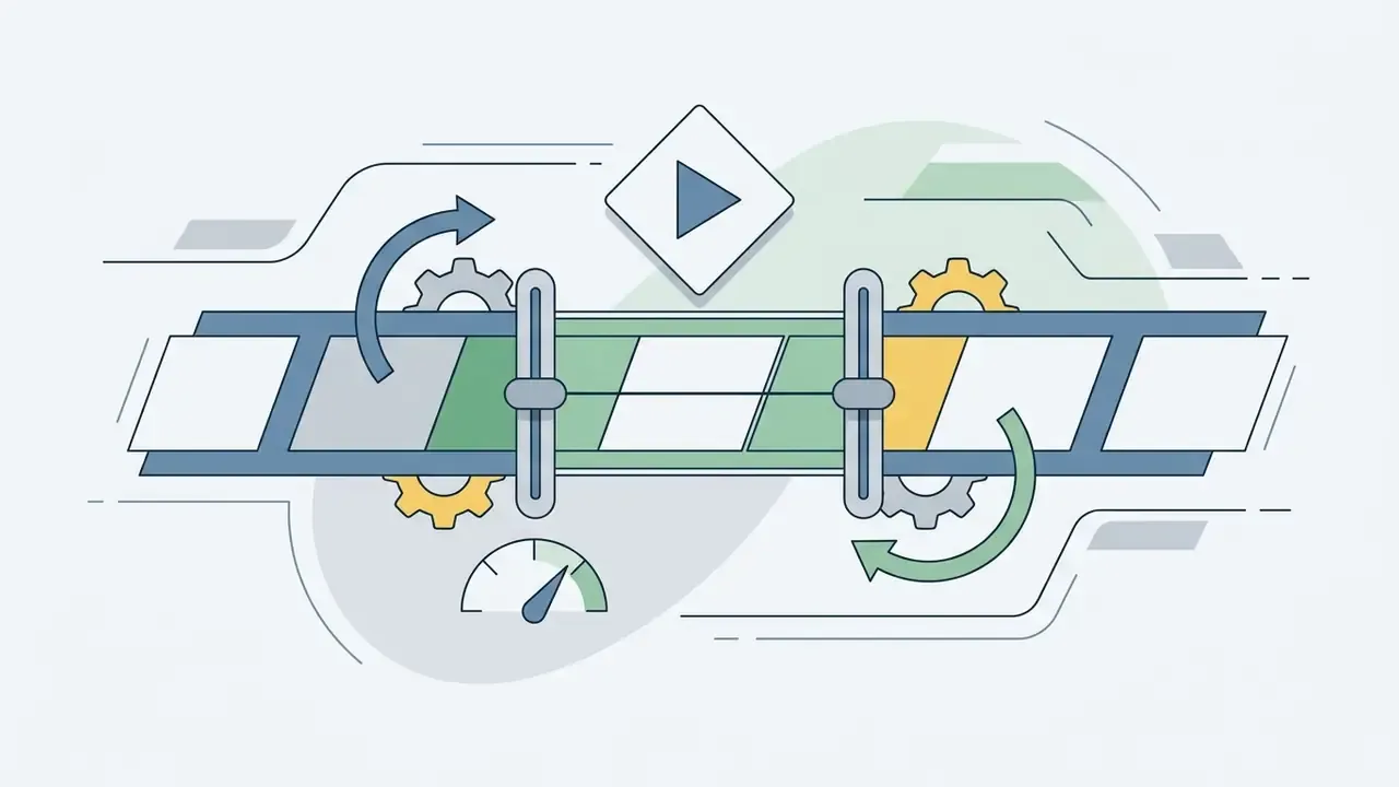 Video timeline with adjustable markers and a speed gauge icon representing precise clip trimming