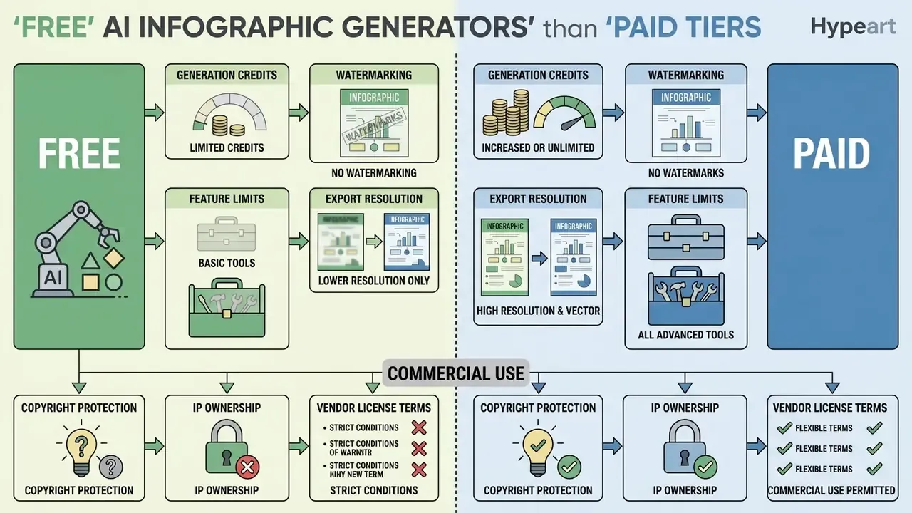Comparison chart contrasting feature limits and licensing terms between free and paid software subscriptions
