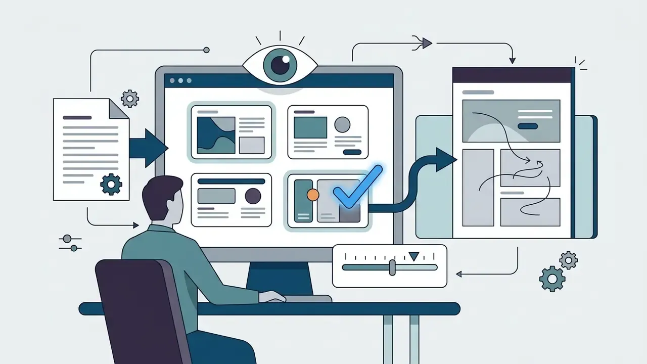 User reviewing generated slide thumbnails on a monitor and selecting a design to refine into a final layout