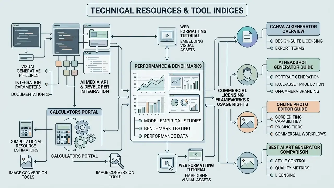 Flowchart connecting AI Media API integration, performance benchmarks, and commercial licensing resource guides