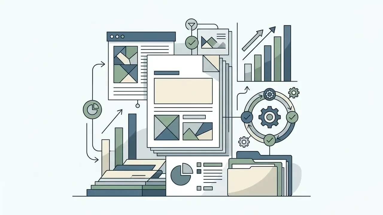 Stack of business documents surrounded by growth charts, process gears, and file folders
