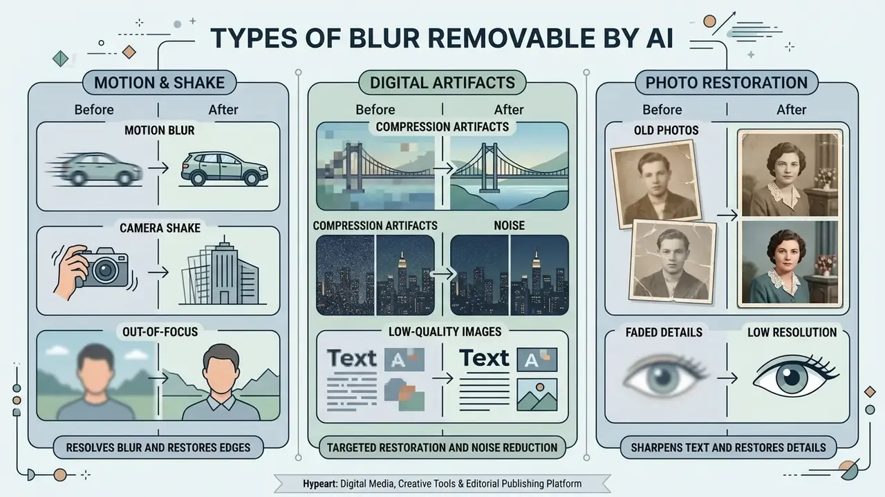 Infographic comparing before and after examples of motion blur, digital artifacts, and photo restoration