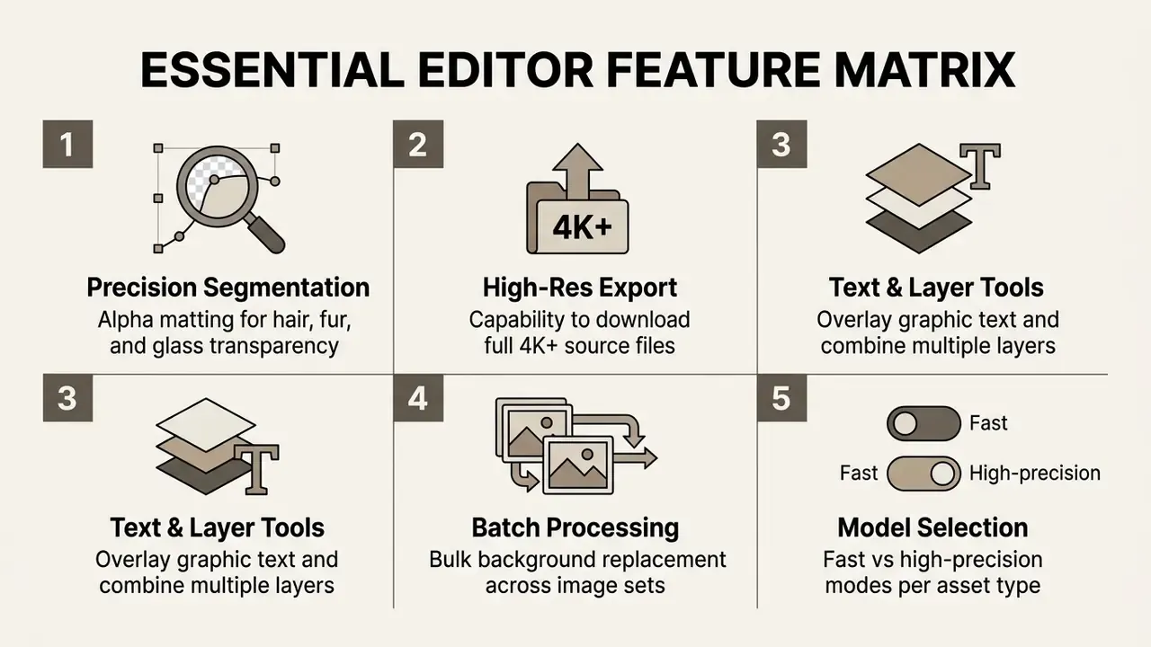 Grid layout detailing editor features including segmentation, high-res export, layers, and batch processing