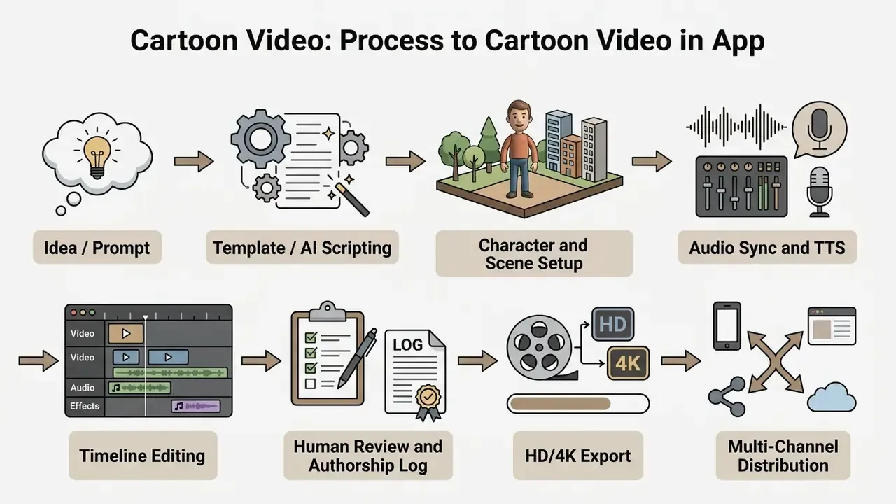 Sequential steps from initial idea and AI scripting to character setup, audio, editing, and final distribution