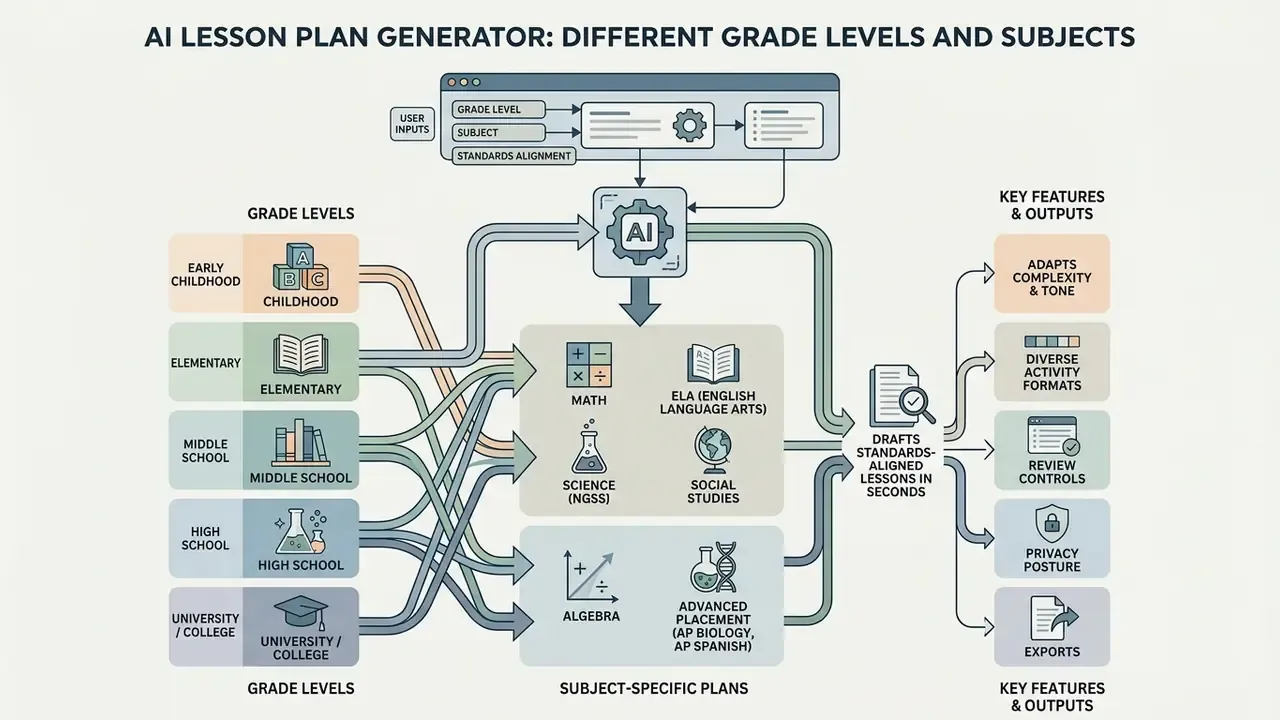 Diagram showing how educational inputs flow into an AI engine to produce tailored lesson content