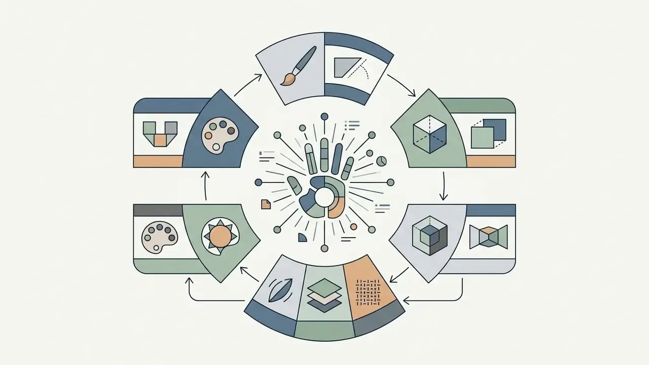 Central hand icon surrounded by a circular process flow of panels depicting artistic design elements