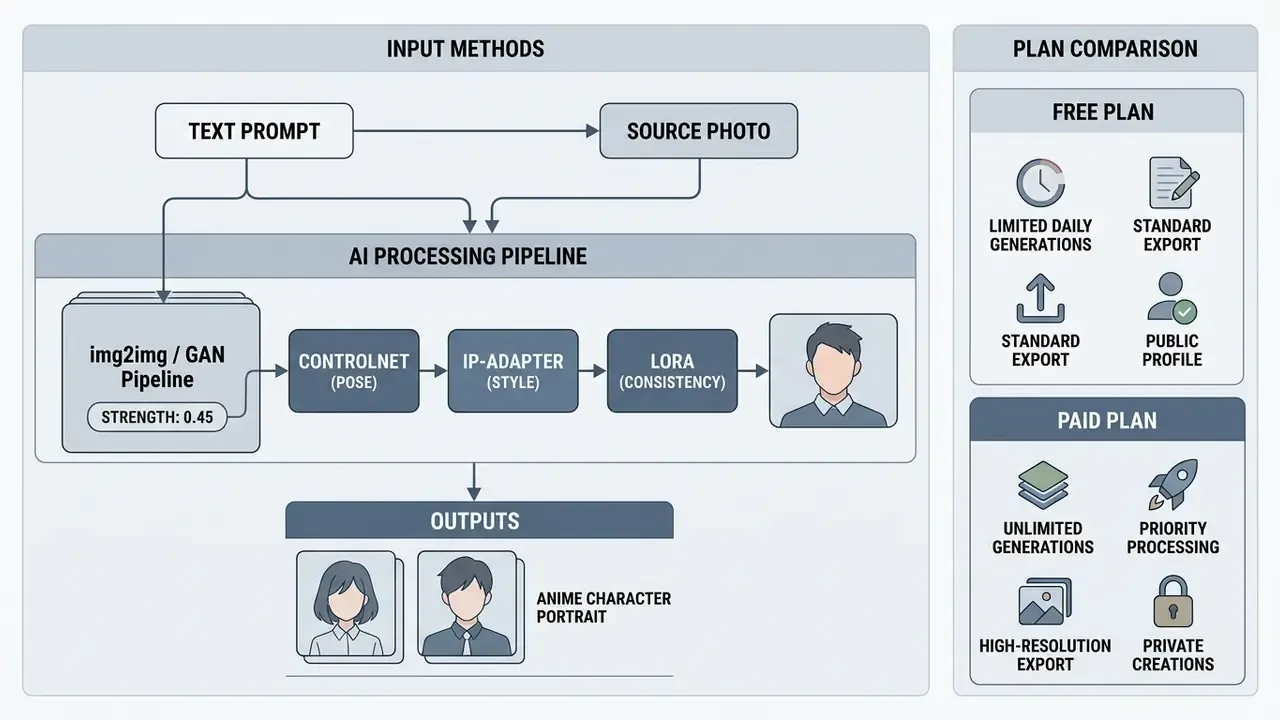 Workflow diagram showing an img2img pipeline alongside a comparison of free and paid service plan features