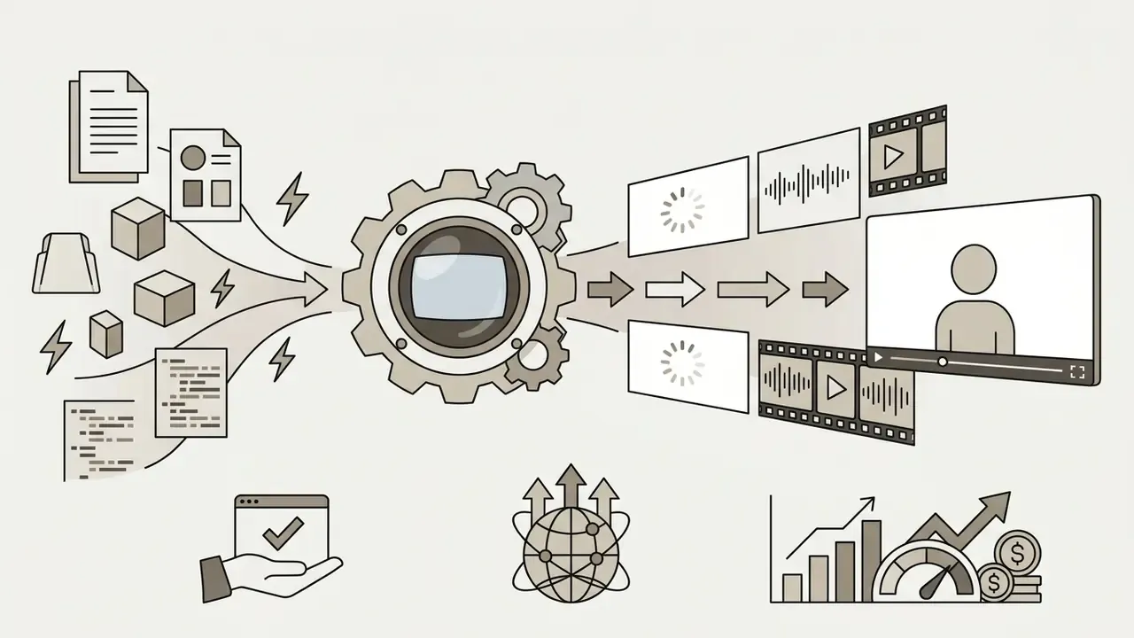Central gear processing documents and data into finished video content with analytics and global distribution